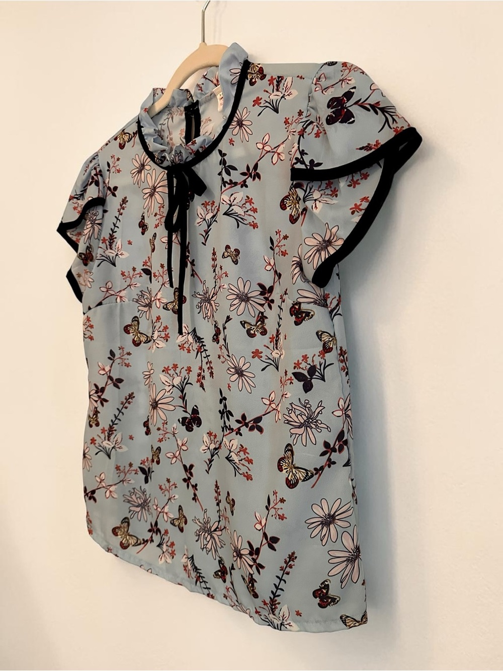 Light Blue Floral & Butterfly Faux Tie-Neck Ruffle Blouse